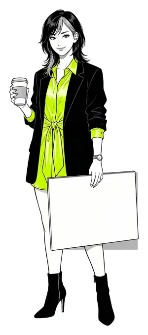 Mika Tanabe, the drawn manga host of this guide, holding a board that reads: Monday to Thursday 4 PM to 12 AM