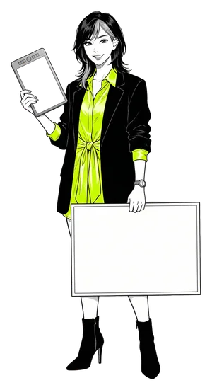 Mika Tanabe, the drawn manga host of this guide, holding a board that reads: Poker: 24 hours Friday and Saturday